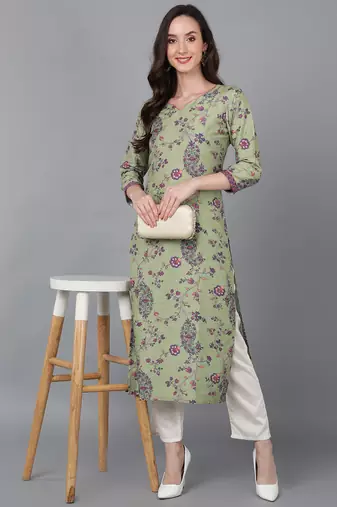 women green silk floral printed straight kurta