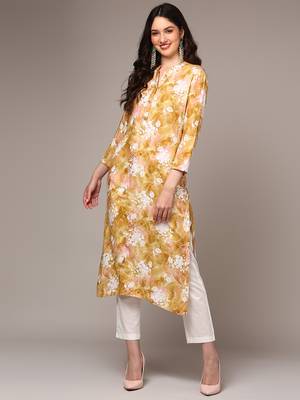women yellow viscose rayon floral printed straight kurta 1