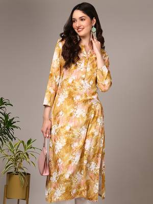women yellow viscose rayon floral printed straight kurta 2