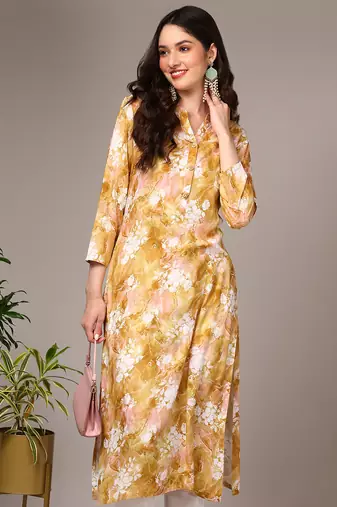 women yellow viscose rayon floral printed straight kurta