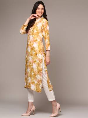 women yellow viscose rayon floral printed straight kurta 3