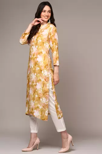 women yellow viscose rayon floral printed straight kurta