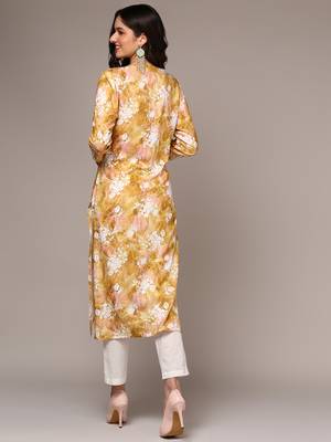women yellow viscose rayon floral printed straight kurta 4