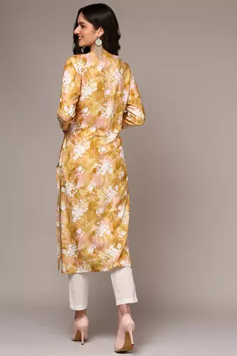 women yellow viscose rayon floral printed straight kurta