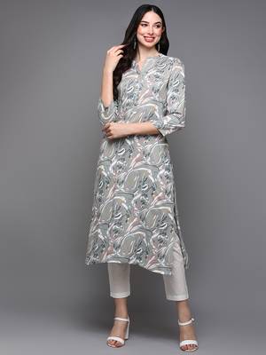 women grey viscose rayon abstract printed straight kurta 1