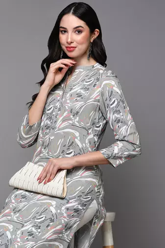 women grey viscose rayon abstract printed straight kurta