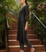 women blue silk blend abstract embroidered straight kurta