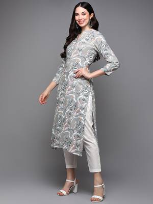 women grey viscose rayon abstract printed straight kurta 3