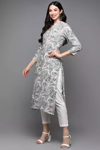 women grey viscose rayon abstract printed straight kurta