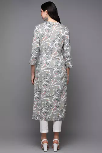 women grey viscose rayon abstract printed straight kurta