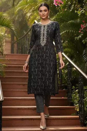 women blue silk blend abstract embroidered straight kurta