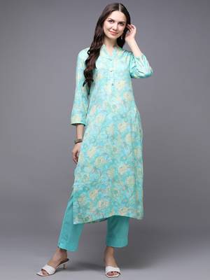 women turquoise blue viscose rayon floral printed straight kurta 1