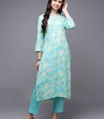 women turquoise blue viscose rayon floral printed straight kurta