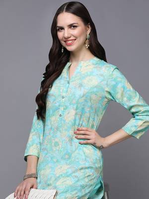 women turquoise blue viscose rayon floral printed straight kurta 2