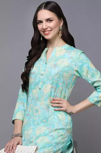 women turquoise blue viscose rayon floral printed straight kurta
