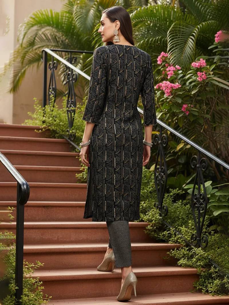 women blue silk blend abstract embroidered straight kurta