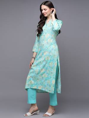 women turquoise blue viscose rayon floral printed straight kurta 3