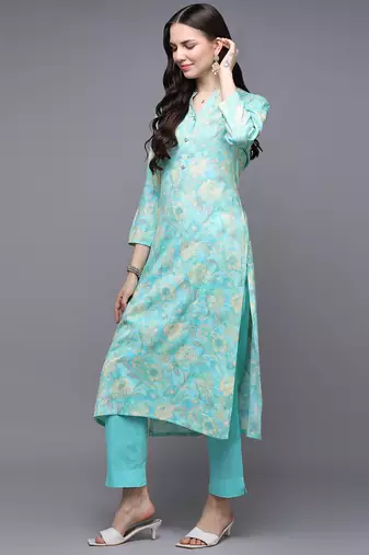 women turquoise blue viscose rayon floral printed straight kurta