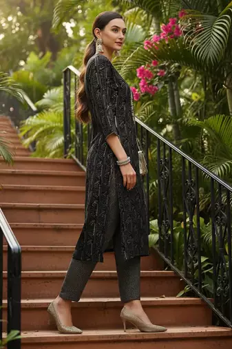 women blue silk blend abstract embroidered straight kurta