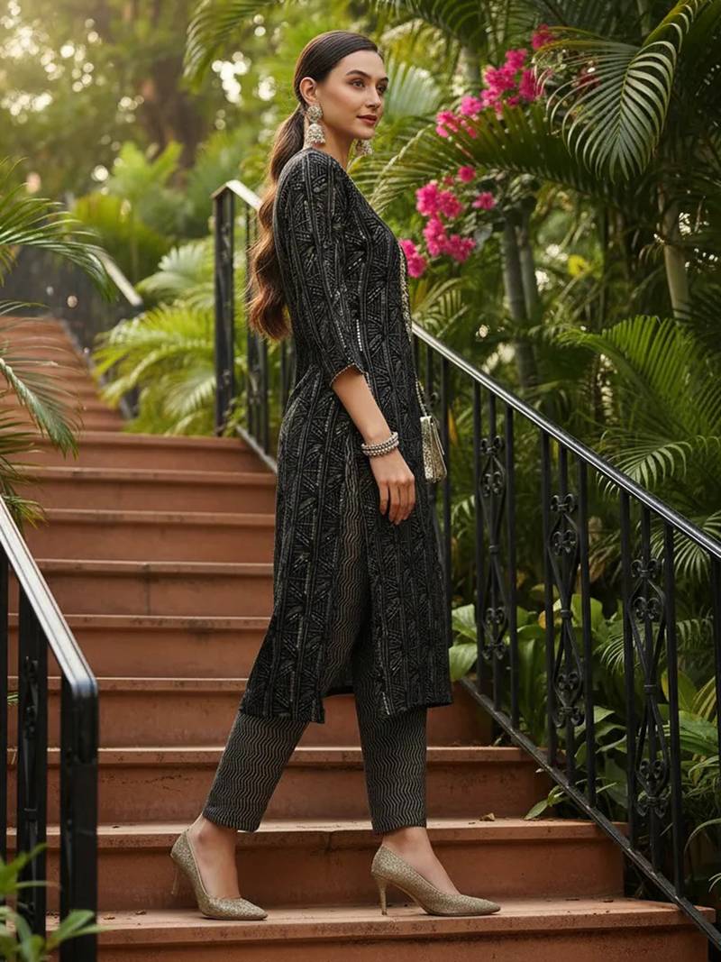 women blue silk blend abstract embroidered straight kurta