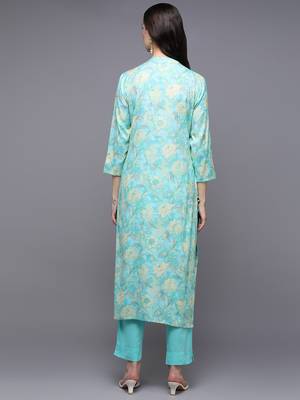 women turquoise blue viscose rayon floral printed straight kurta 4