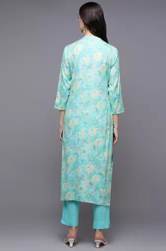 women turquoise blue viscose rayon floral printed straight kurta