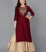 women maroon silk blend solid embroidered straight kurta