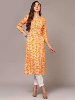 women orange viscose rayon ethnic motifs embroidered straight kurta 1