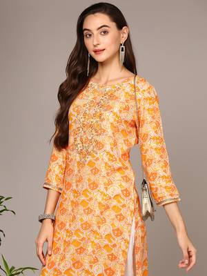 women orange viscose rayon ethnic motifs embroidered straight kurta 2