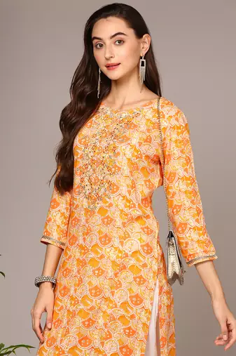 women orange viscose rayon ethnic motifs embroidered straight kurta
