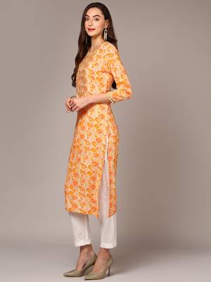 women orange viscose rayon ethnic motifs embroidered straight kurta 3