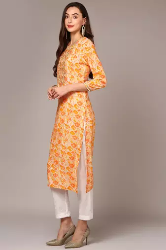 women orange viscose rayon ethnic motifs embroidered straight kurta