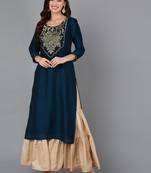 women teal silk blend solid embroidered straight kurta