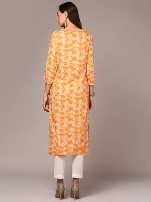 women orange viscose rayon ethnic motifs embroidered straight kurta 4