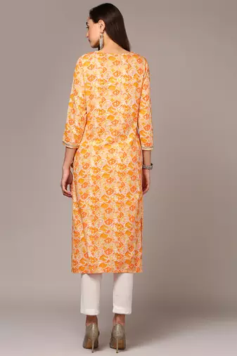 women orange viscose rayon ethnic motifs embroidered straight kurta
