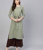 women olive cotton geometric printed straight kurta