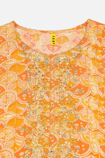 women orange viscose rayon ethnic motifs embroidered straight kurta