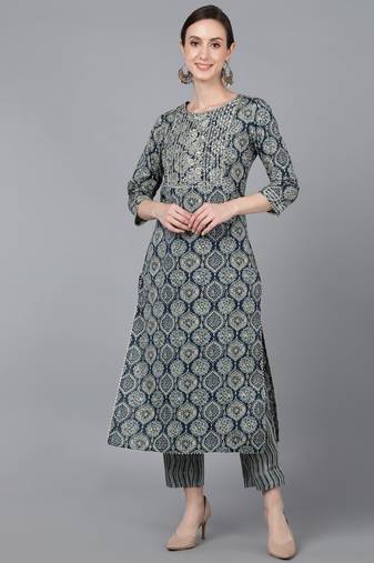 women teal cotton kalamkari embroidered straight kurta
