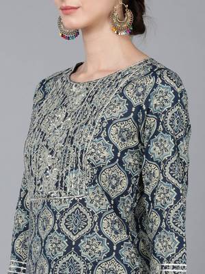 women teal cotton kalamkari embroidered straight kurta 2