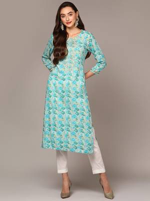 women turquoise blue viscose rayon ethnic motifs embroidered straight kurta 1