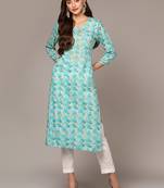 women turquoise blue viscose rayon ethnic motifs embroidered straight kurta