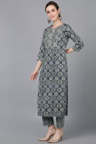 women teal cotton kalamkari embroidered straight kurta