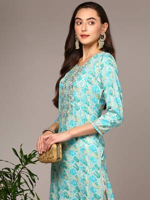 women turquoise blue viscose rayon ethnic motifs embroidered straight kurta 2