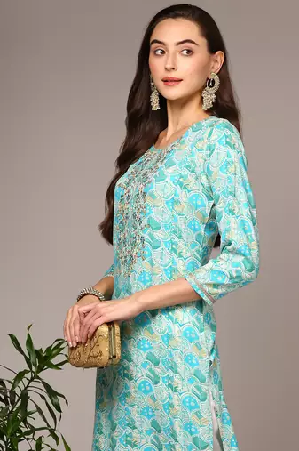 women turquoise blue viscose rayon ethnic motifs embroidered straight kurta