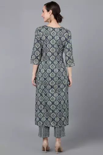 women teal cotton kalamkari embroidered straight kurta