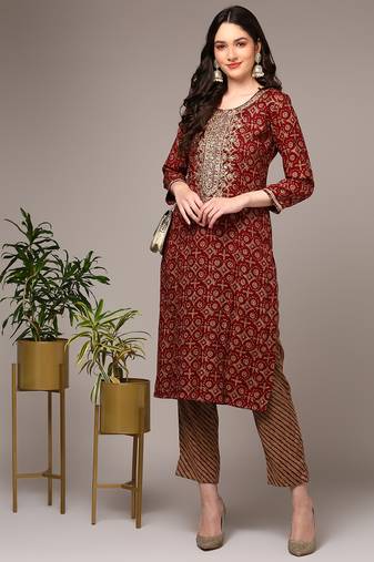 women maroon viscose rayon ethnic motifs embroidered straight kurta