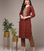 women maroon viscose rayon ethnic motifs embroidered straight kurta