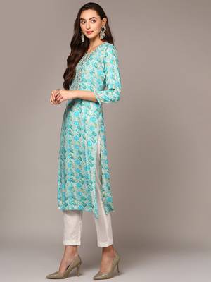 women turquoise blue viscose rayon ethnic motifs embroidered straight kurta 3