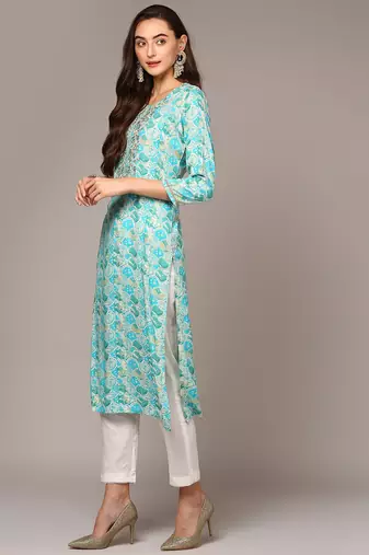 women turquoise blue viscose rayon ethnic motifs embroidered straight kurta