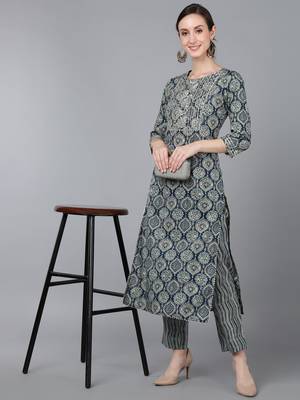 women teal cotton kalamkari embroidered straight kurta 5